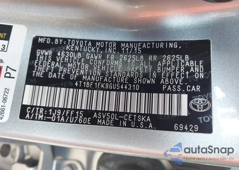 2016 Toyota Camry Se from USA, damaged, VIN 4T1BF1FK9GU544310